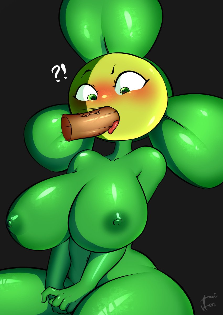 !? ? anthro big_breasts blover_(pvz) blowjob blush confused cute disembodied_penis green_body green_eyes human_on_plantie looking_down penis penis_in_mouth plant plant_girl plant_humanoid plantie plants_vs_zombies suck sucking taihen_(artist)