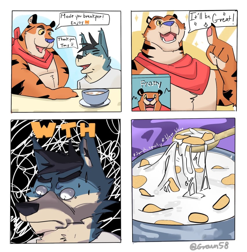 2boys anthro bandana cereal cereal_bowl cum cum_in_bowl cum_in_food feline frosted_flakes funny furry genital_fluids growm58 kellogg's male male/male male_only mammal meme orange_fur sticky sticky_cum tiger tony_the_tiger what wolf wtf