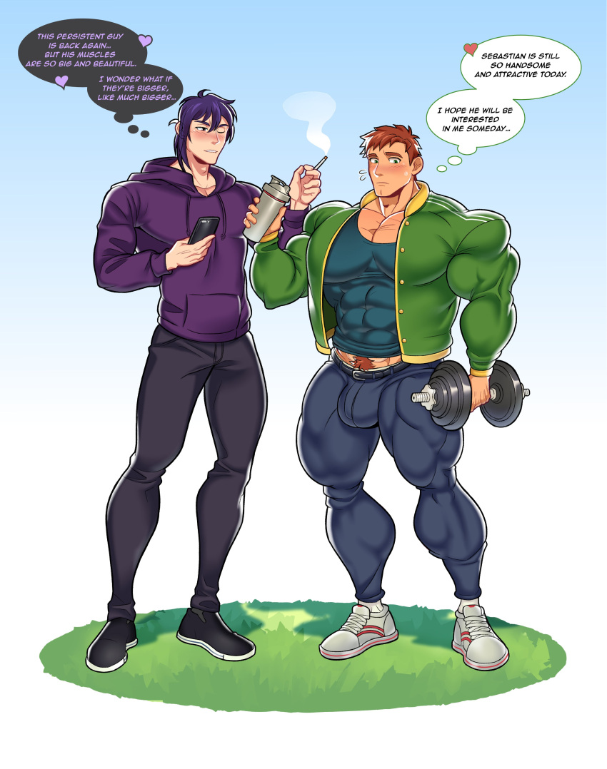 abs alex_(stardew_valley) bara bodybuilder dumbell gay himbo khanthedestroyer male male_only muscles muscular muscular_male nipples pecs pubic_hair sebastian_(stardew_valley) stardew_valley thick_thighs