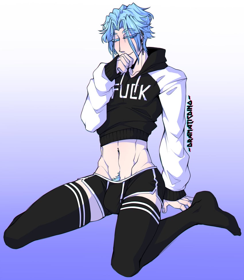 1boy black_clothing blue_hair blue_pubic_hair booty_shorts bulge dramaticdino femboy gay hoodie langa_hasegawa long_socks male male_only on_knees pubic_hair pubic_hair_peek simple_background sk8_the_infinity solo thigh_socks