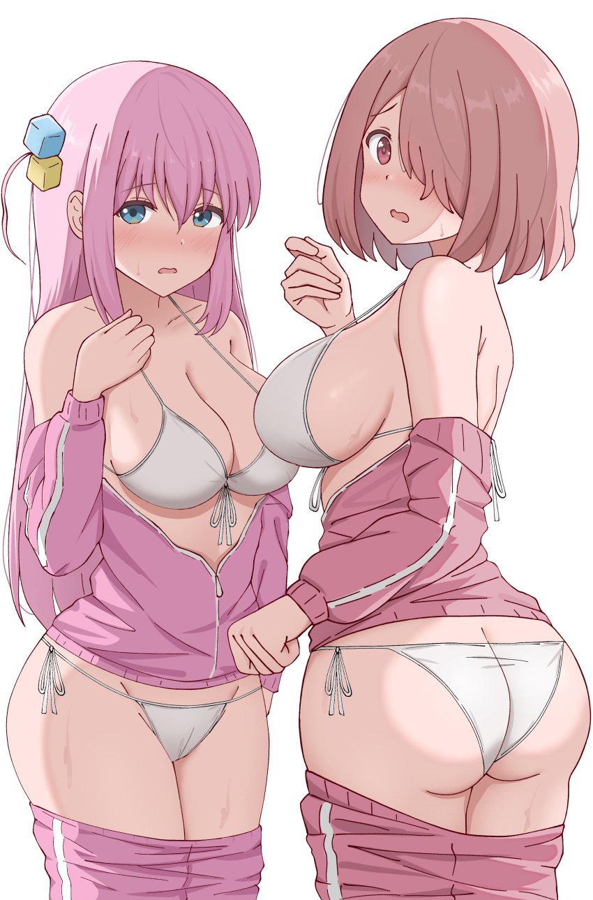 2girls absurdres ass bikini blue_eyes blush bocchi_the_rock! breasts brown_eyes brown_hair clothes_pull crossover cube_hair_ornament embarrassed exposed_panties gotou_hitori hair_ornament highres hoshino_miyako_(wataten) jacket large_breasts long_hair multiple_girls off_shoulder pants pants_down pants_pull pink_hair pink_jacket pink_pants poa_mellhen short_hair side_ahoge simple_background skimpy strap_gap string_bikini sweat swimsuit track_jacket track_pants trait_connection watashi_ni_tenshi_ga_maiorita! white_background white_bikini white_panties