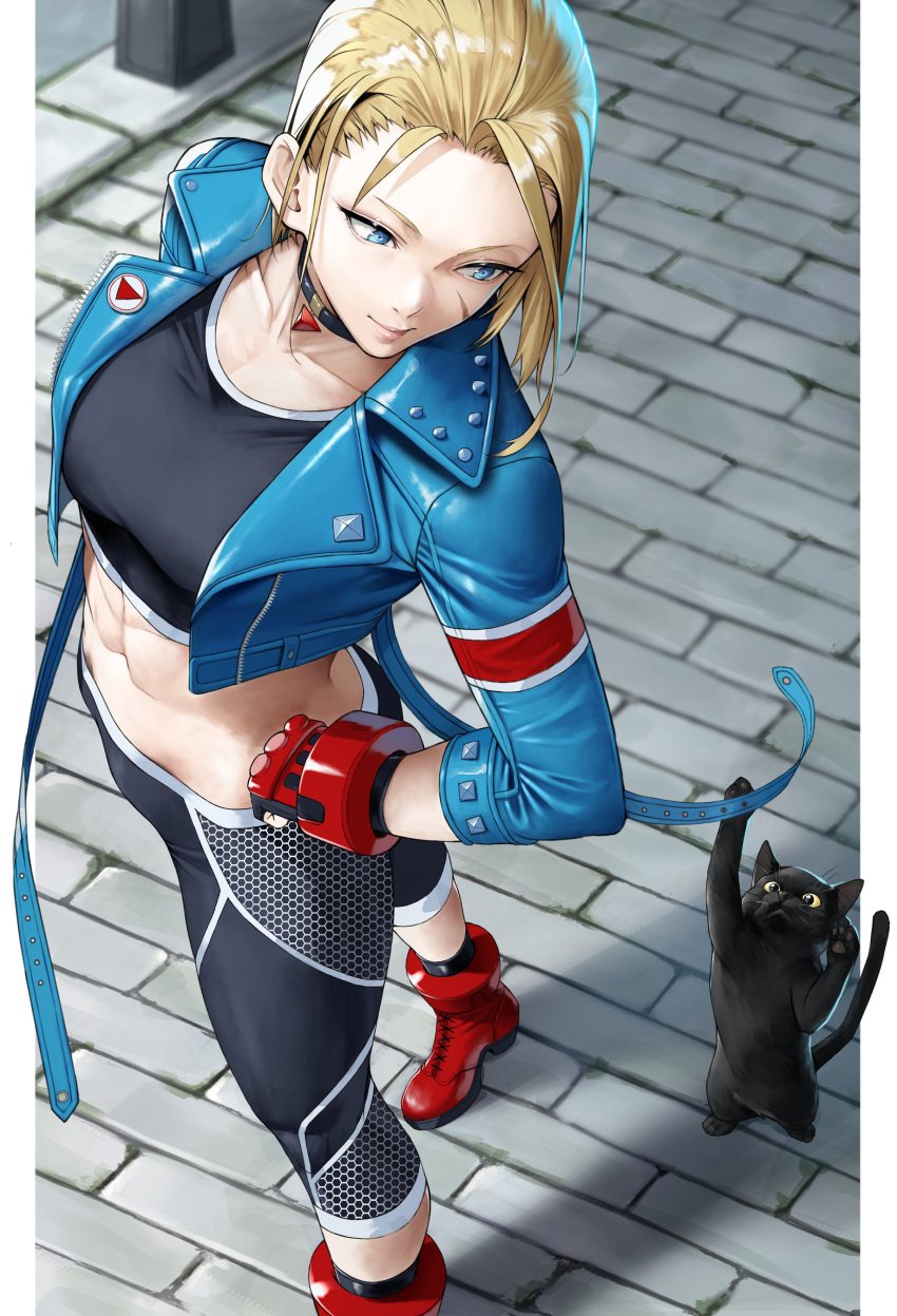 1girls absurdres black_cat black_choker black_pants black_sports_bra blonde_hair blue_eyes blue_jacket cammy_white capcom choker feline female female_focus female_only fully_clothed gloves hands_on_own_hips highres jacket looking_down pants red_gloves smile solo sports_bra street_fighter street_fighter_6 yoshi55level yoshio_(55level)