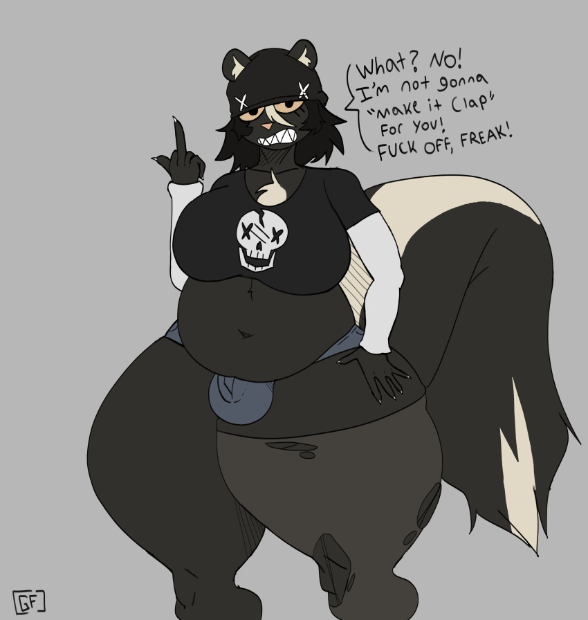 1futa angry angry_face anthro big_breasts breasts bulge bulge_through_clothing chubby chubby_futanari clothing furry futa_only futanari ghostfuckrr huge_breasts legwear middle_finger mostly_nude pantyhose sharp_teeth siouxsie_(ghostfuckrr) skunk solo solo_futa tagme talking_to_viewer text thick_thighs thunder_thighs