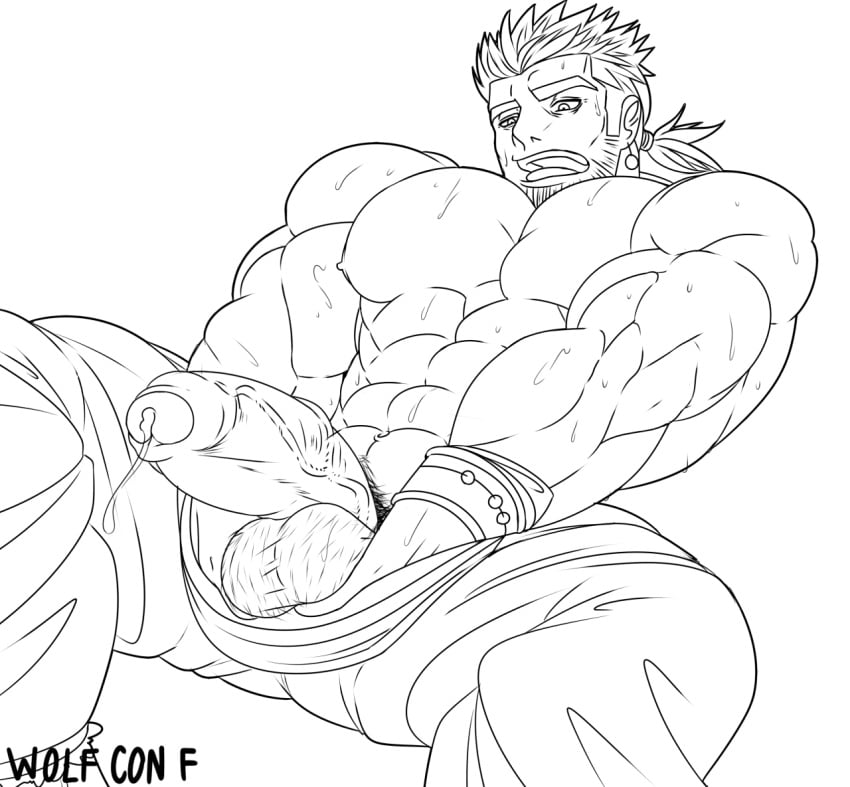 balls bara big_balls big_penis boner erection facial_hair final_fantasy final_fantasy_vi gay male male_only monochrome muscles muscular no_color penis penis_out sabin_rene_figaro shirtless sketch solo solo_male spread_legs sweat sweating wolf_con_f