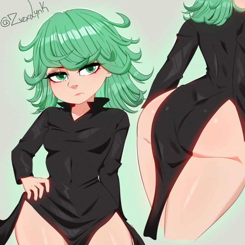 1girls alternate_version_available ass ass_shot back back_view big_ass black_dress clothing dress female female_only green_eyes green_hair hair hand_on_hip huge_ass one-punch_man pelvic_curtain short_hair small_breasts solo solo_female tatsumaki thick_thighs thighs zexlynk