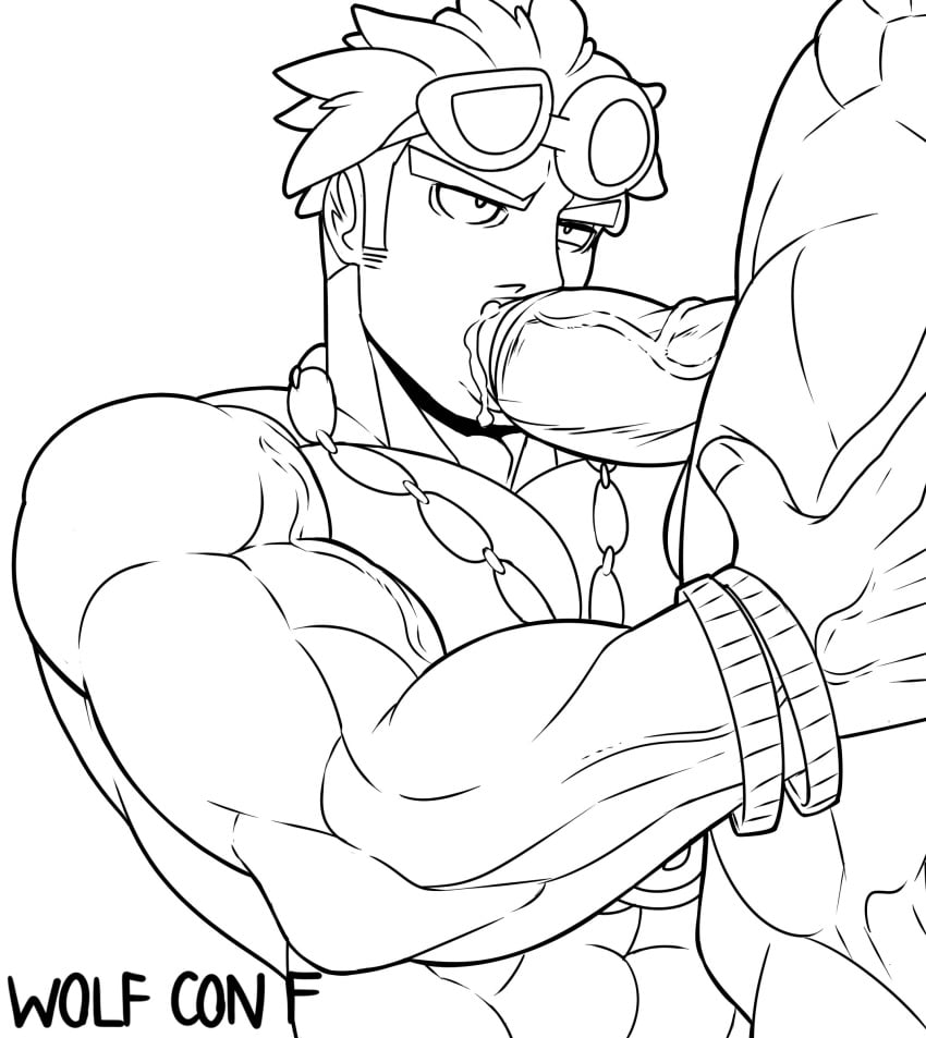 balls bara big_balls big_penis blowjob boner erection gay guzma_(pokemon) male male_only monochrome muscles muscular nintendo nude oral penis pokemon sunglasses sunglasses_on_head wolf_con_f