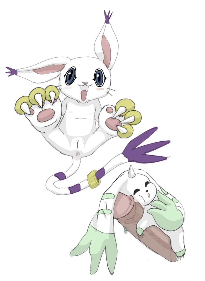 ambiguous_gender anthro anus apparitionnumber2 ass bald_crotch bandai_namco claws digimon digimon_(species) duo_focus female gatomon genitals group happy hi_res long_ears male nude paws penis pussy size_difference sleeping spread_legs spreading tail tailmon terriermon trio