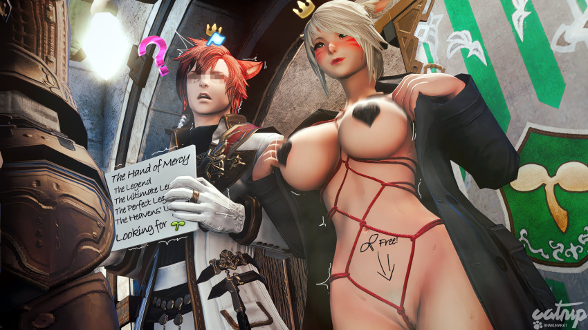 body_writing bondage cat_ears exhibitionism exposed female final_fantasy_xiv game_mechanics gpose(ffxiv) guild hakuhara1 miqo'te presenting public_exposure public_nudity public_use rope_bondage showing_off