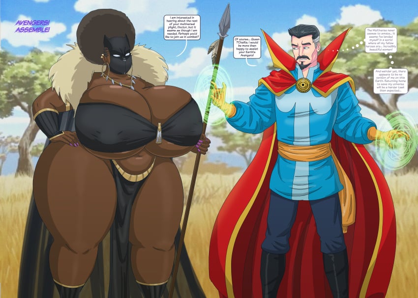 1boy 1boy1girl afro bimbo bimbofication black_hair black_panther_(marvel) black_panther_(series) breasts_bigger_than_head cape cleavage curvy curvy_female dark-skinned_female dark_skin doctor_strange fang_necklace female fur_trim gauntlets goatee hi_res highres hoop_earrings huge_breasts huge_thighs hyper_bimbo large_breasts light-skinned_male light_skin magic magic_user male marvel marvel_cinematic_universe marvel_comics mask milf milfification moustache mtf_crossgender mtf_transformation nipple_bulge nipples_visible_through_clothing pearl_earrings pearl_necklace rule_63 saturnxart sequence spear stephen_strange t'challa thick_thighs two_tone_hair weapon wide_hips