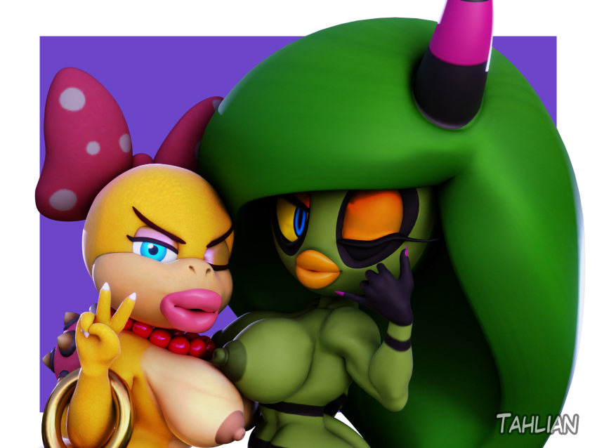 2girls 3d 3d_model anthro areolae armwear big_breasts big_lips bimbo bimbo_lips blue_eyes bracelet breasts crossover deadly_six eyeshadow female female_only green_areola green_body green_hair hair half-closed_eyes headwear horns huge_breasts kabalmystic lipstick long_hair mario_(series) nail_polish nails naked naked_female neckwear nipples nude nude_female one_eye_closed orange_eyeshadow orange_lips orange_lipstick peace_sign pearl_necklace pink_eyeshadow pink_lips pink_lipstick pink_nail_polish pink_nails puckered_lips puffy_lips ribbon sega shell shortstack sonic_(series) sonic_lost_world sonic_the_hedgehog_(series) tahlian thick_lips topless wendy_o._koopa yellow_sclera zeena zeena_(kabalmystic) zeti zeti_(species)