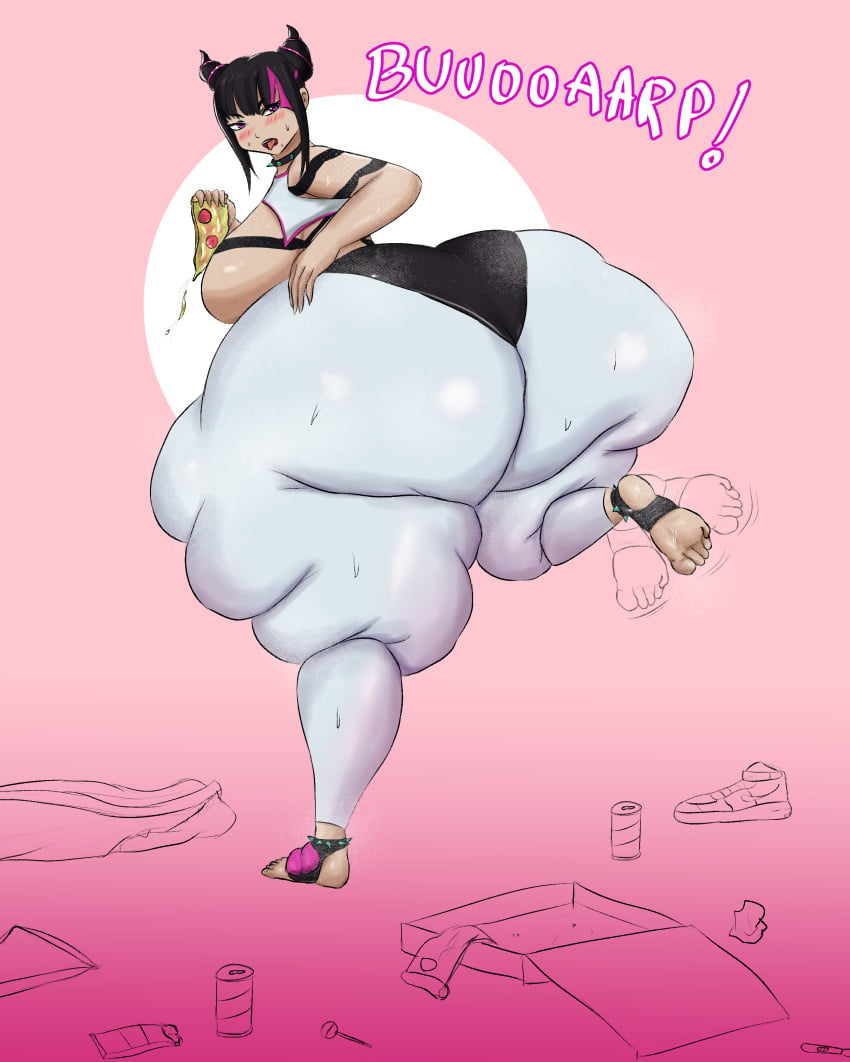 1girls akkyon ass big_ass burp burping capcom fat fat_ass female female_only food huge_ass juri_han obese pizza slob solo solo_female street_fighter street_fighter_6 sweat thick_thighs thighs thunder_thighs wide_hips