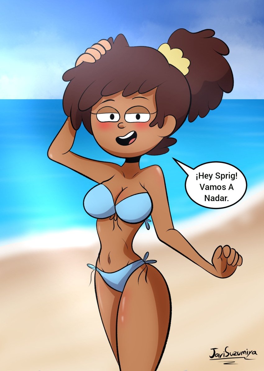 1girls amphibia amphibia_(finale) anne_boonchuy bikini breasts curvy dark-skinned_female edit female_only javisuzumiya one_eye_closed solo_female spanish_text straight_hair tagme text