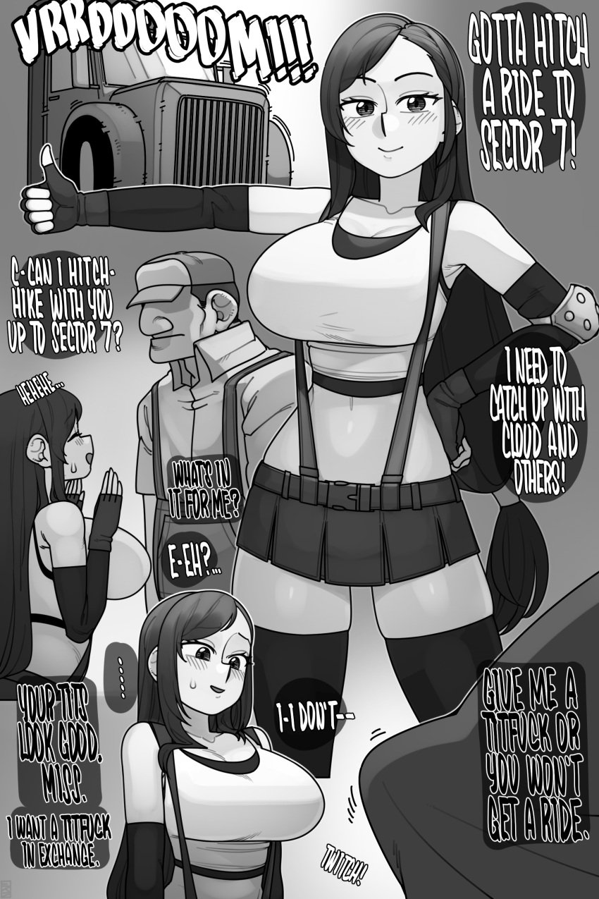 1boy 1girls big_breasts breasts comic dialogue ekz english english_text erection erection_under_clothes final_fantasy final_fantasy_vii greyscale hitchhiking huge_breasts large_breasts monochrome text tifa_lockhart uncensored