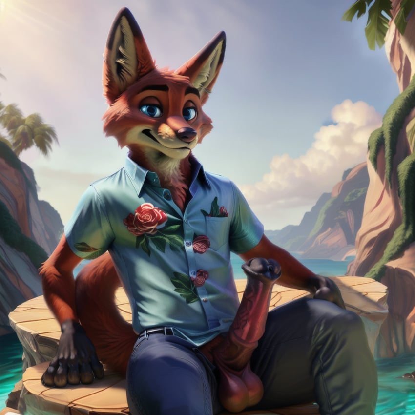 ai_generated anthro disney fluffy fluffy_ears george11 horse_penis horsecock jeans looking_at_viewer nick_wilde penis shirt stable_diffusion tagme tropical zootopia