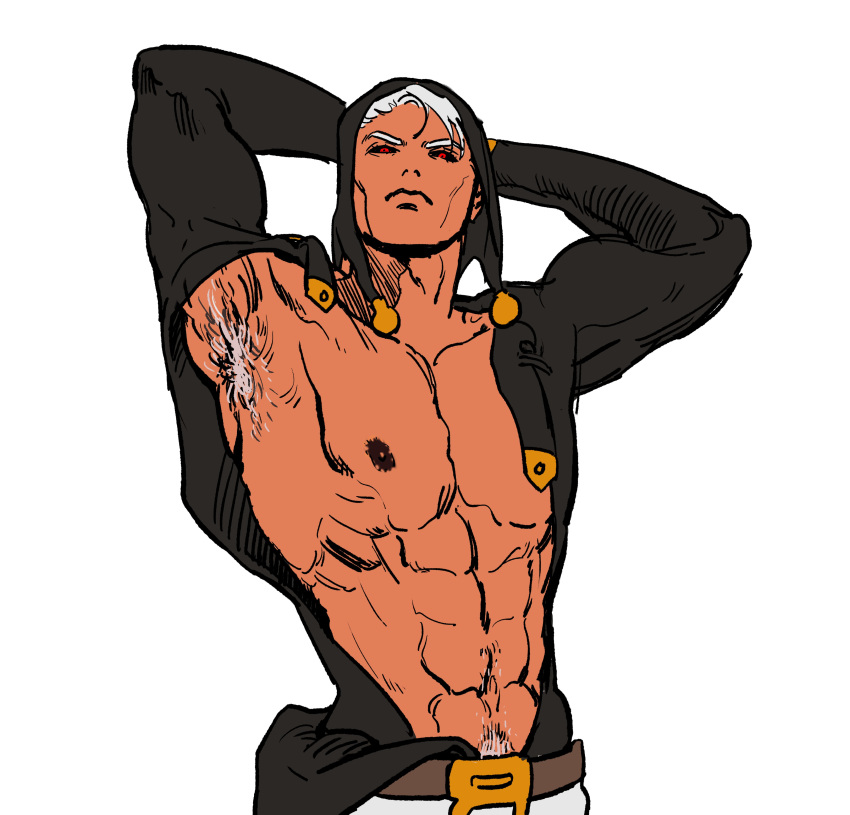 1boy abs armpit armpit_fetish armpits arms_behind_head black_sclera coif gay hairy_armpits happy_trail jojo's_bizarre_adventure male muscular muscular_male nipples red_eyes risotto_nero solo solo_male tanned_skin toned vento_aureo white_background white_hair