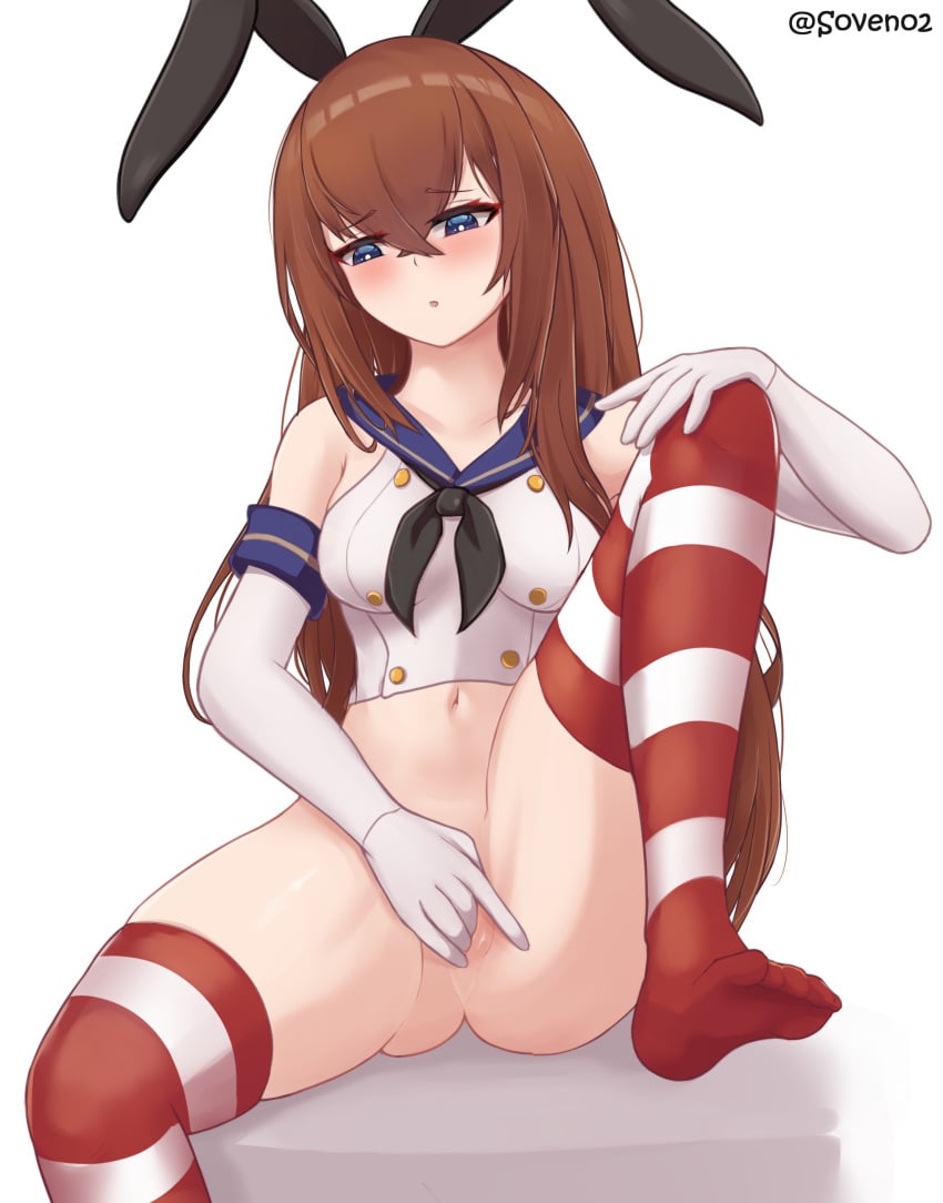 1girls blue_eyes blush breasts cosplay fingering kantai_collection makise_kurisu masturbation medium_breasts nipples nude open_mouth red_hair shimakaze_(kantai_collection) shimakaze_(kantai_collection)_(cosplay) simple_background sitting small_breasts solo soveno steins;gate stockings thick_thighs