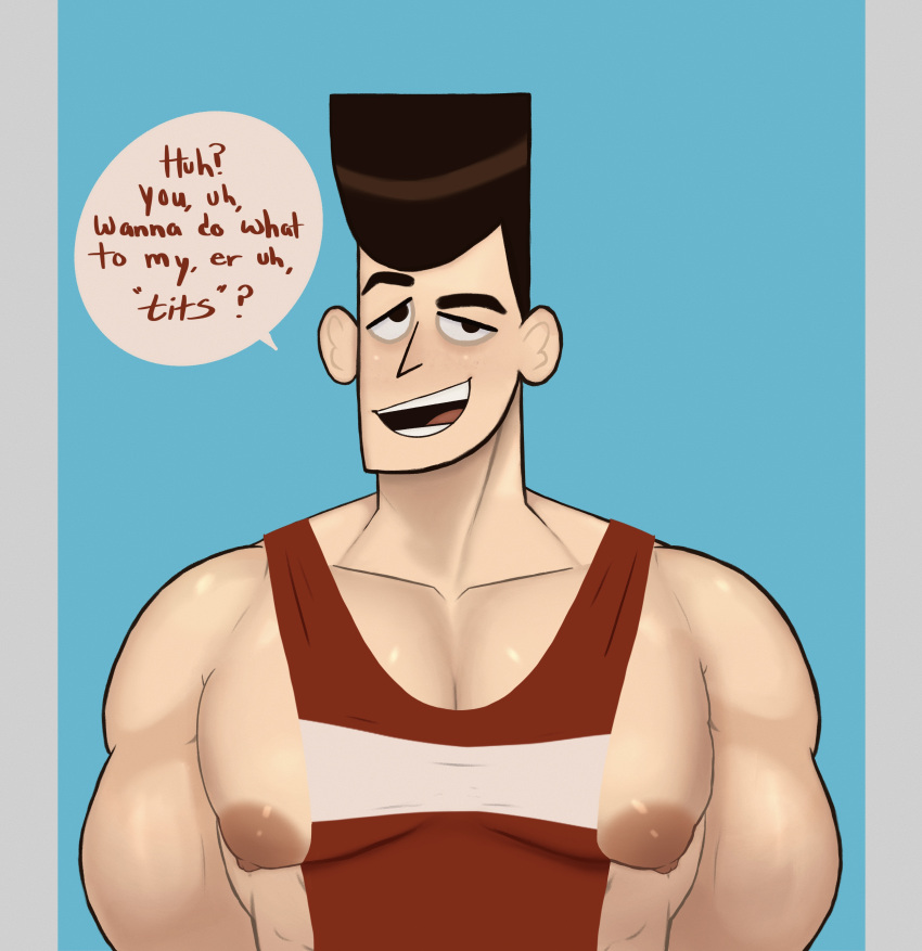 bara bara_tiddies clone_high dialogue fae_(artist) jfk_(clone_high) looking_at_viewer male_only muscular muscular_male nipples pecs solo solo_male tagme