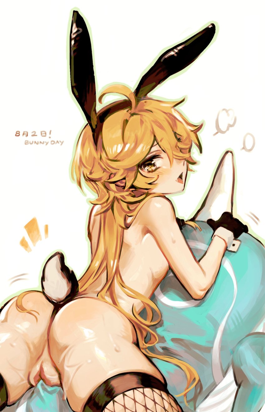 aether_(genshin_impact) blonde_hair blush bunny_day bunny_ears bunnysuit cuntboy cuntboy_only femboy genshin_impact hoyoverse intersex long_hair looking_at_viewer mihoyo pillow pillow_ride pussy riding solo sweating twink