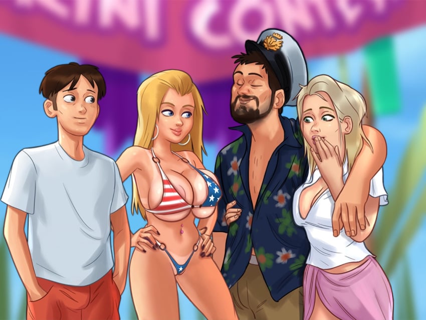 2boys 2d 2girls arm_around_partner arm_around_shoulder beach belly_piercing big_breasts bikini bikini_bottom bikini_top blonde_hair blonde_hair blue_eyes bottomwear bra breast_press breast_squeeze brown_hair captain_hat cleavage closed_eyes clothed clothing darkcookie digital_drawing_(artwork) digital_media_(artwork) ear_piercing earrings female green_eyes hands_on_hips hat headwear light-skinned_female light-skinned_male light_skin long_hair looking_at_another looking_at_partner main_character_(summertime_saga) male male/female medium_breasts on_stage panties piercing piercings pussy pussy_lips roxxy_(summertime_saga) sara_(summertime_saga) shirt shocked shocked_expression shorts small_bikini smile smiling stage summertime_saga surprised surprised_expression tanline tanlines terry_(summertime_saga) thick_thighs tight_bikini tight_fit topwear vagina