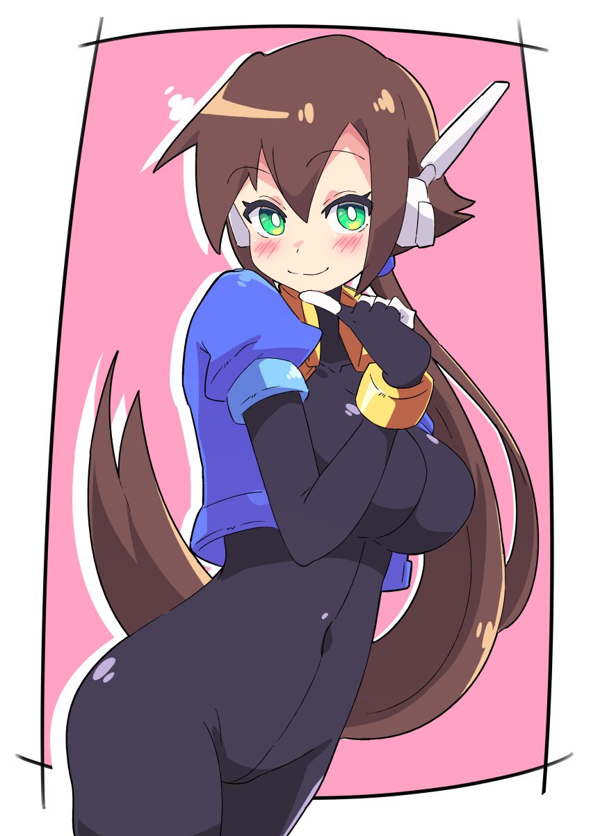 1girls aile ass blush bodysuit breasts buzzlyears cyborg hips mega_man mega_man_zx navel ponytail skin_tight