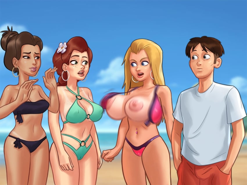 1boy 2d 3girls angry angry_expression angry_face areolae beach becca_(summertime_saga) belly_piercing big_breasts bikini bikini_top blonde_hair blue_eyes bottomwear bra brown_hair cameltoe cleavage clothed clothing cloud clouds darkcookie digital_drawing_(artwork) digital_media_(artwork) ear_piercing earrings female female_focus flower flower_in_hair freckles freckles_on_breasts freckles_on_chest freckles_on_face green_eyes light-skinned_female light-skinned_male long_hair looking_at_another looking_at_partner male male/female medium_breasts missy_(summertime_saga) nipples nipples_visible_through_clothing pale-skinned_female pale_skin panties petite petite_body piercing piercings pussy_lips red_hair ripped_bikini ripped_bra ripped_clothing roxxy_(summertime_saga) sand shirt shorts sky small_breasts standing summertime_saga surprised surprised_expression tanline tanlines thick_thighs thong thong_bikini topwear