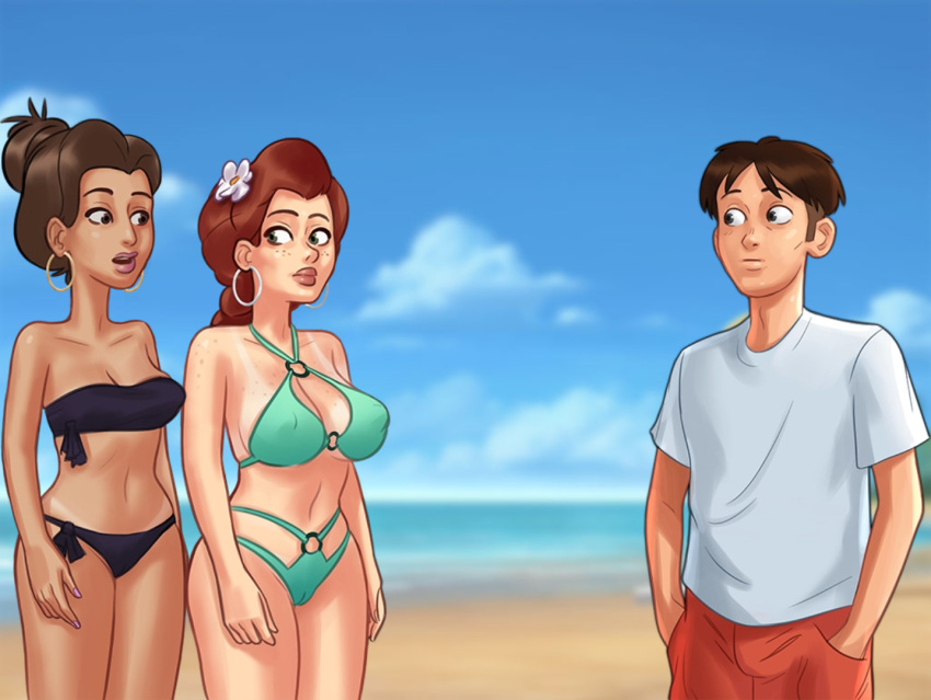 1boy 2d 2girls beach becca_(summertime_saga) belly_piercing bikini bikini_top bottomwear bra brown_hair cameltoe cleavage clothed clothing cloud clouds darkcookie digital_drawing_(artwork) digital_media_(artwork) duo ear_piercing earrings female female_focus flower flower_in_hair freckles freckles_on_breasts freckles_on_chest freckles_on_face green_eyes light-skinned_female light-skinned_male looking_at_another looking_at_partner male male/female medium_breasts missy_(summertime_saga) nipples nipples_visible_through_clothing pale-skinned_female pale_skin panties petite petite_body piercing piercings pussy_lips red_hair sand shirt shorts sky small_breasts standing summertime_saga surprised surprised_expression tanline tanlines thick_thighs thong thong_bikini topwear trio