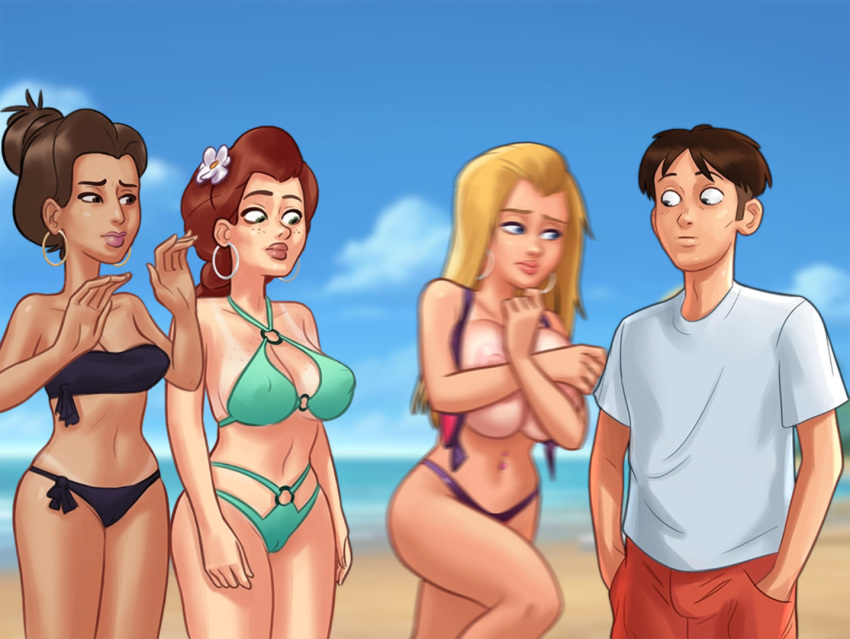 1boy 2d 3girls areolae beach becca_(summertime_saga) belly_piercing big_breasts bikini bikini_top blonde_hair blue_eyes bottomwear bra breast_press breast_squeeze brown_hair cameltoe cleavage clothed clothing cloud clouds covered_nipples covering covering_breasts darkcookie digital_drawing_(artwork) digital_media_(artwork) ear_piercing earrings embarrassed female female_focus flower flower_in_hair freckles freckles_on_breasts freckles_on_chest freckles_on_face green_eyes light-skinned_female light-skinned_male long_hair looking_at_another looking_at_breasts looking_at_partner looking_down male male/female medium_breasts missy_(summertime_saga) nipples nipples_visible_through_clothing pale-skinned_female pale_skin panties petite petite_body piercing piercings pussy_lips red_hair ripped_bikini ripped_bra ripped_clothing roxxy_(summertime_saga) running sand shirt shocked shocked_expression shorts sky small_breasts standing summertime_saga surprised surprised_expression tanline tanlines thick_thighs thong thong_bikini topwear