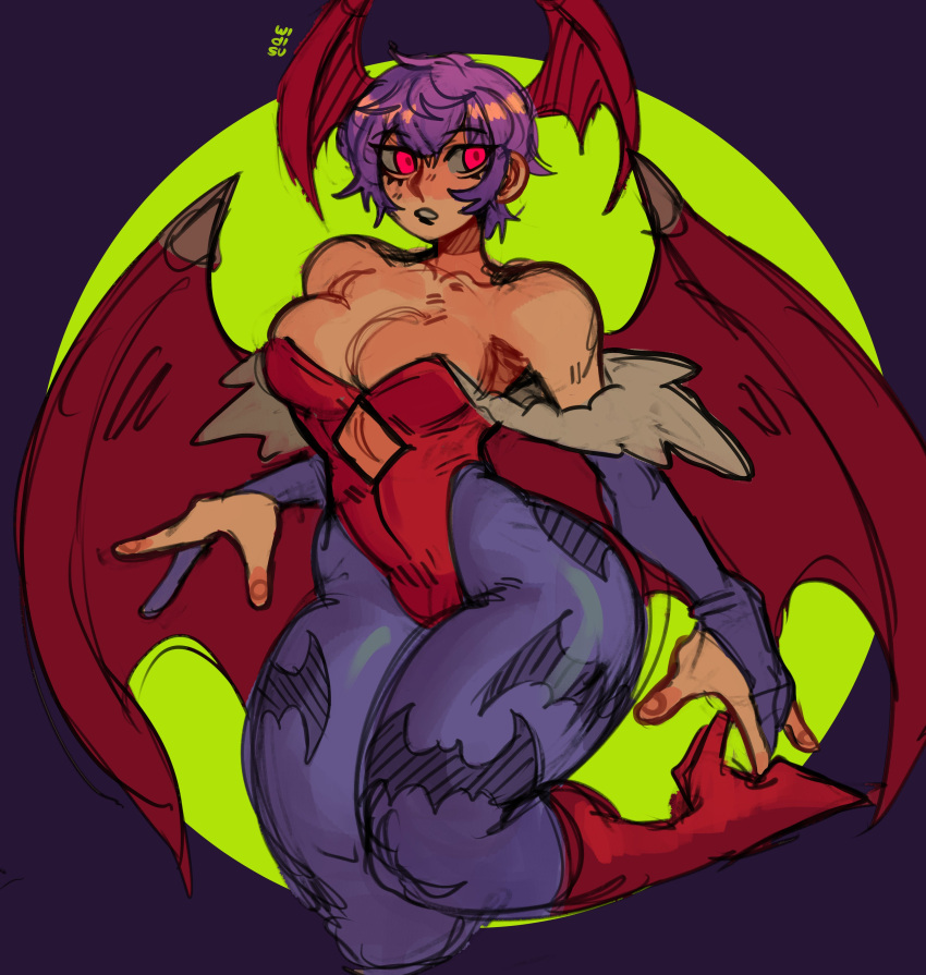 clothing darkstalkers drawn large_breasts lilith_aensland medium_breasts succubus thick_thighs widisu