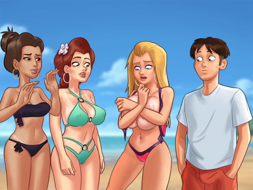 1boy 2d 3girls areolae beach becca_(summertime_saga) belly_piercing big_breasts bikini bikini_top blonde_hair blue_eyes bottomwear bra breast_press breast_squeeze brown_hair cameltoe cleavage clothed clothing cloud clouds covered_nipples covering covering_breasts darkcookie digital_drawing_(artwork) digital_media_(artwork) ear_piercing earrings embarrassed female female_focus flower flower_in_hair freckles freckles_on_breasts freckles_on_chest freckles_on_face green_eyes light-skinned_female light-skinned_male long_hair looking_at_another looking_at_breasts looking_at_partner looking_down male male/female medium_breasts missy_(summertime_saga) nipples nipples_visible_through_clothing pale-skinned_female pale_skin panties petite petite_body piercing piercings pussy_lips red_hair ripped_bikini ripped_bra ripped_clothing roxxy_(summertime_saga) sand shirt shocked shocked_expression shorts sky small_breasts standing summertime_saga surprised surprised_expression tanline tanlines thick_thighs thong thong_bikini topwear