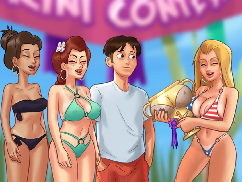 1boy 2d_(artwork) 3girls areolae background_characters beach becca_(summertime_saga) big_breasts bikini bikini_bottom bikini_top black_border blonde blonde_hair bottomwear braid braided_hair braided_ponytail breasts brown_hair brunette cameltoe closed_eyes clothed clothing darkcookie digital_drawing_(artwork) digital_media_(artwork) ear_piercing earrings female flower flower_in_hair freckles freckles_on_breasts freckles_on_chest freckles_on_face happy holding holding_object holding_trophy light-skinned_female light-skinned_male light_skin main_character_(summertime_saga) male male/female medium_breasts microphone missy_(summertime_saga) nipples pale_skin pants piercing piercings ponytail pussy_lips red_hair redhead shorts slim_waist small_bikini small_breasts smile smiling stage standing summertime_saga tagme thick_thighs thong thong_bikini thong_panties tight_bikini tight_fit topwear trophy