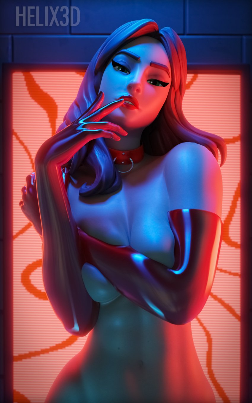 3d aspen_(fortnite) covering_breasts fortnite helix3d latex_gloves looking_at_viewer partially_clothed red_lipstick solo_female