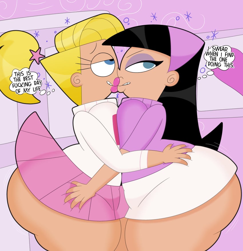 2girls 3barts angry ass big_ass big_breasts big_butt black_hair blonde_hair blue_eyes breasts female forced_kiss lipstick makeup multiple_girls nickelodeon skirt straight_hair the_fairly_oddparents thick_thighs thighs trixie_tang veronica_star voodoo yuri