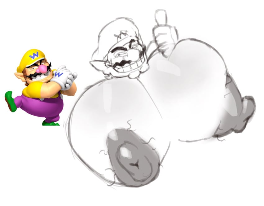 big_breasts big_nipples breasts breasts_focus busty_boy chest_focus dadbulge huge_breasts hyper_breasts male_focus male_only male_with_breasts mario_(series) monochrome nipples solo solo_male thumbs_up wario wario_(series) warioware what