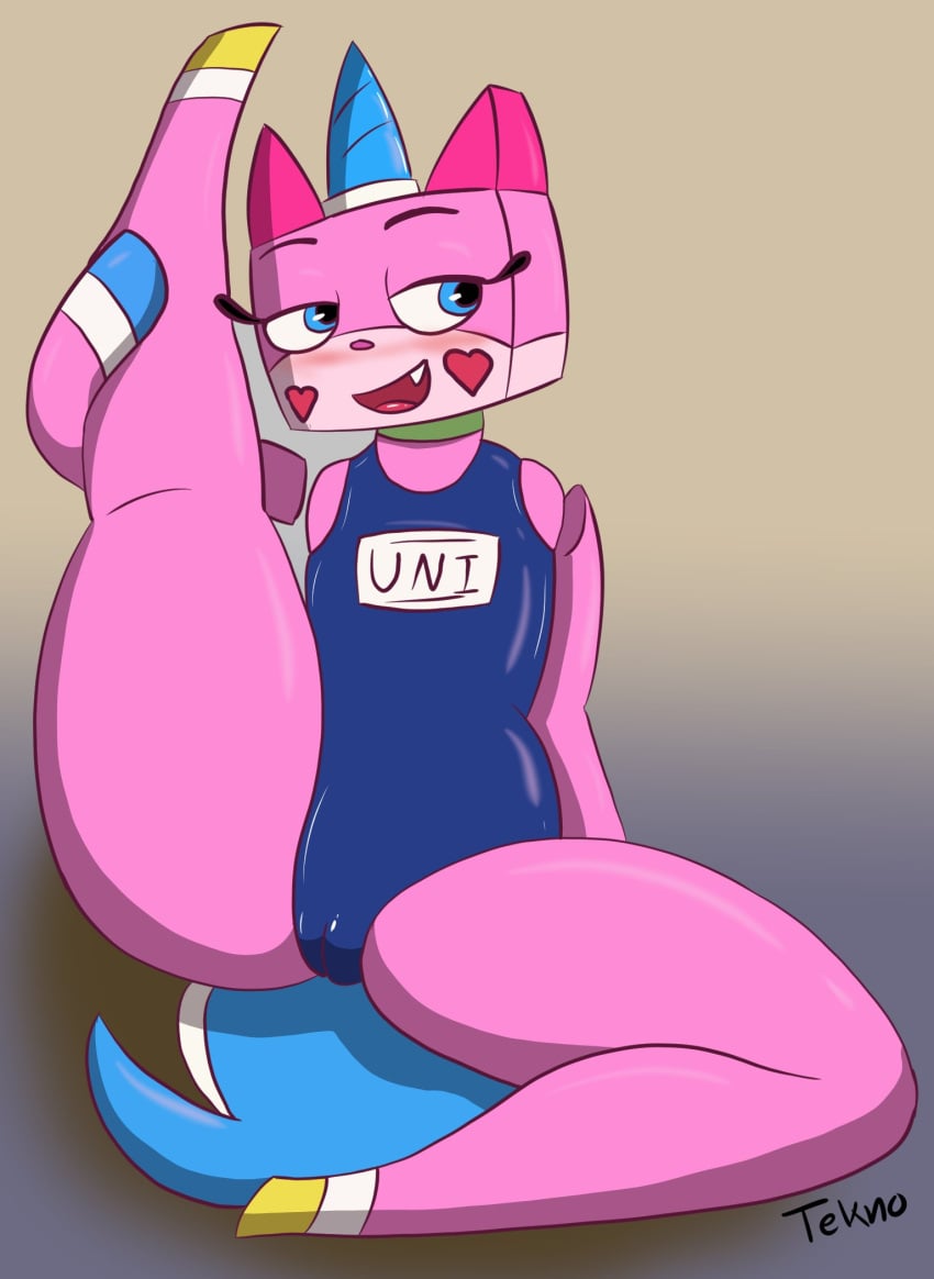 1girls 2021 blue_horn blush bulge clothed clothing crossdressing detailed_bulge dialogue domestic_cat equid equine felid feline felis female girls girly heart hi_res horn hybrid mammal one-piece_swimsuit pink_body raised_leg solo swimwear teknomekanoid the_lego_movie unicorn unikitty unikitty! unikitty_(series)