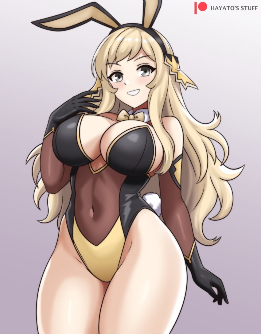 1girls alternate_costume animal_ears bare_thighs bow bowtie breasts bunny_day bunny_ears bunny_girl bunnysuit cleavage female female_only fire_emblem fire_emblem_fates gloves grey_eyes grin hayato_stuff highres large_breasts long_hair nintendo ophelia_(fire_emblem) playboy_bunny rabbit_ears sidelocks smile swept_bangs thick_thighs