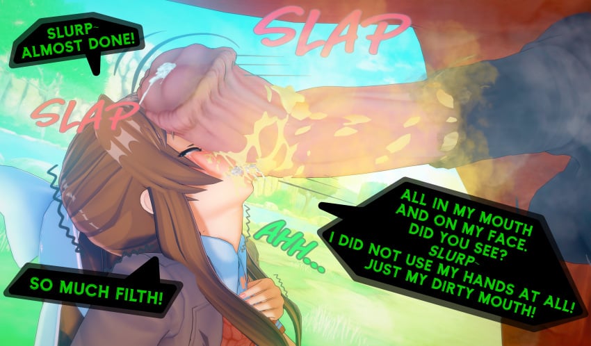 big_penis brown_hair closed_eyes cum_drip cum_in_mouth doki_doki_literature_club green_eyes horse horse_cock koikatsu luminous_axis monika_(doki_doki_literature_club) penis_on_face smegma smegma_in_mouth smegma_on_face smegma_on_tongue smell smelly_cock tears text text_bubble zoophilia