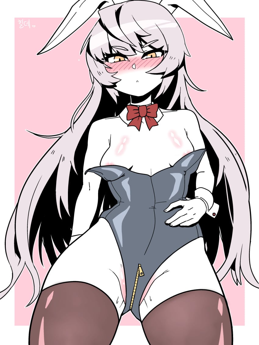 blush bunny_ears bunnysuit counter:side eyebrows_visible_through_hair fake_animal_ears gypsophila hand_on_belly hilde hilde_(counter:side) long_hair ribbon small_breasts tagme thighhighs traditional_bowtie visible_areolae white_hair wrist_cuffs yellow_eyes zipper