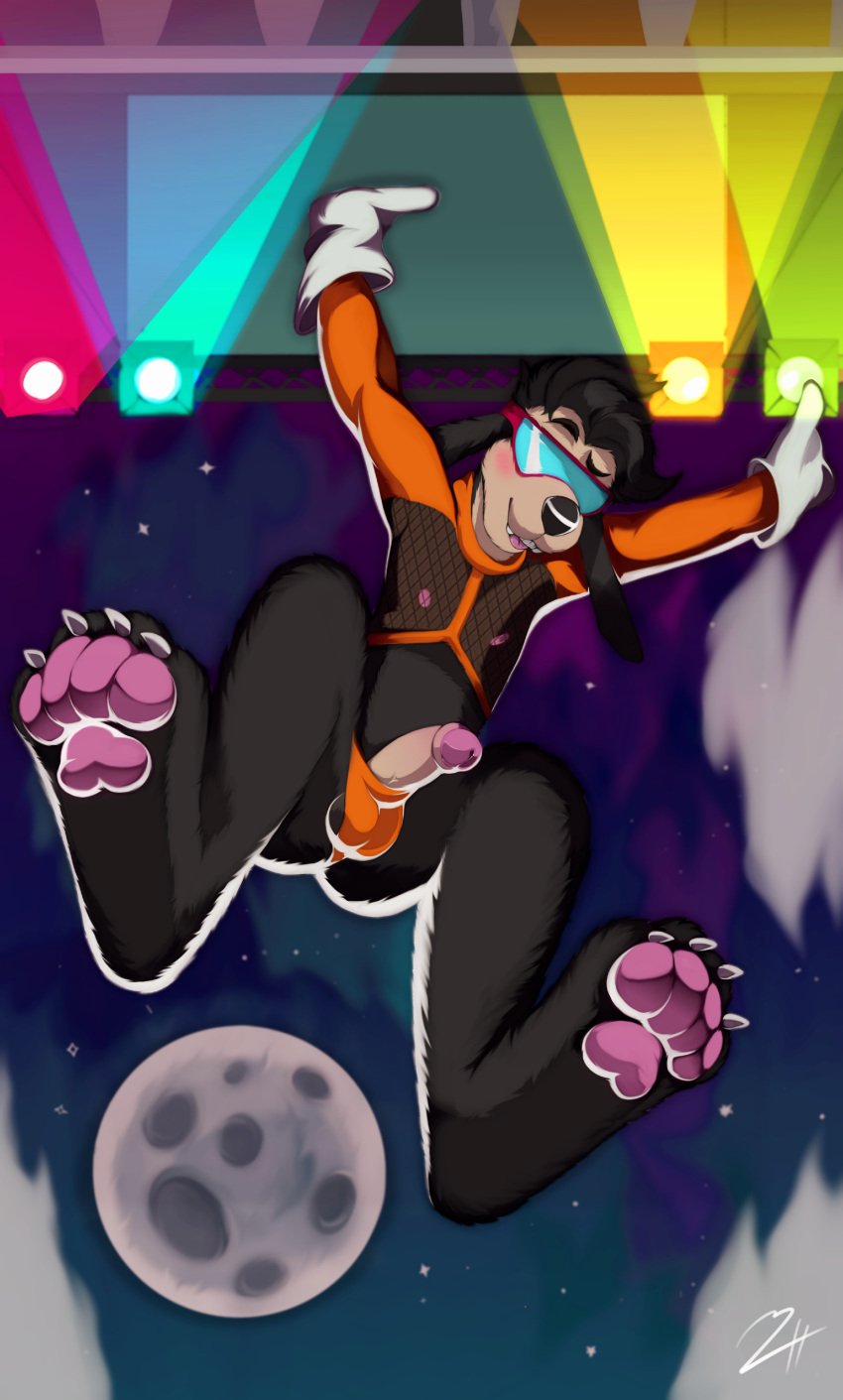 absurd_res anthro ass balls black_body black_fur black_nose canid canine canis clothed clothing cloud digital_media_(artwork) disney domestic_dog erection eyewear fur genitals glasses gloves goof_troop handwear hi_res light lights looking_at_viewer male male_only mammal max_goof moonlight nipples paws penis solo suchaeliot thong underwear what young