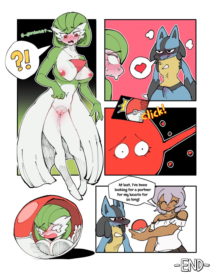 after_transformation anthro aroused big_breasts blue_body blue_fur blush bodily_fluids breasts captured chest_spike clothed clothing colored comic confusion crying dialogue english_text female fur gardevoir gender_transformation generation_3_pokemon generation_4_pokemon genitals green_body green_hair group hair hi_res human in_pokeball lucario male mammal mtf_transformation nintendo nude pokeball pokemon pokemon_(species) pussy red_eyes species_transformation speech_bubble spikes spikes_(anatomy) tears text tongue tongue_out transformation trio white_body white_hair yellow_body yellow_fur zneazel