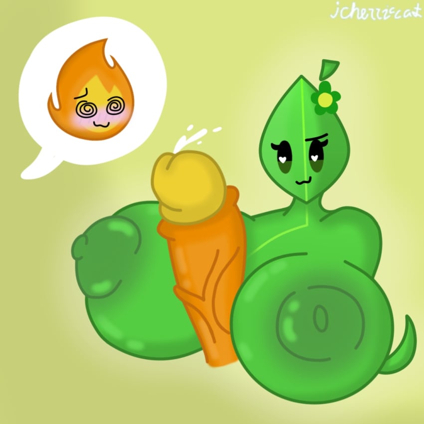 battle_for_dream_island bfb bfdi breasts breasts_bigger_than_head cherriccat dizzy dizzy_eyes fire fireafy firey_(bfdi) flower_on_head green_body heart-shaped_pupils heart_eyes hi_res huge_breasts hyper_breasts large_breasts leaf leafy_(bfdi) male/female object_head object_show object_shows orange_penis paizuri penis reaction_bubble self_upload shaded shiny_breasts titfuck titjob veiny_penis