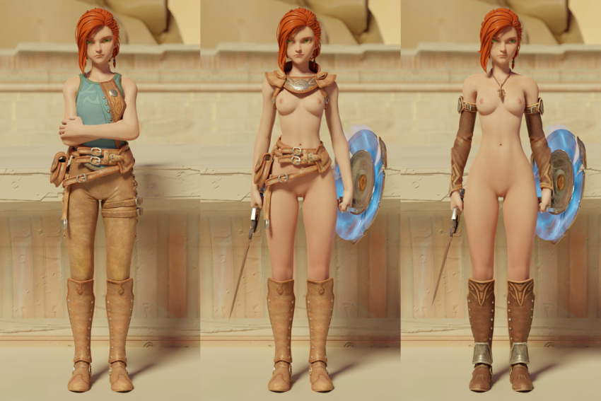 3d alternate_version_available annoyed armwear asterigos:_curse_of_the_stars boots casual clothed/nude embarrassed_nude_female embarrassing_outfit enf exposed_breasts exposed_pussy exposed_torso female female_warrior ginger green_eyes hilda_(asterigos) human legwear nipples pale_skin red_hair reluctant revealing_clothes sequence trying_on_clothes weapon