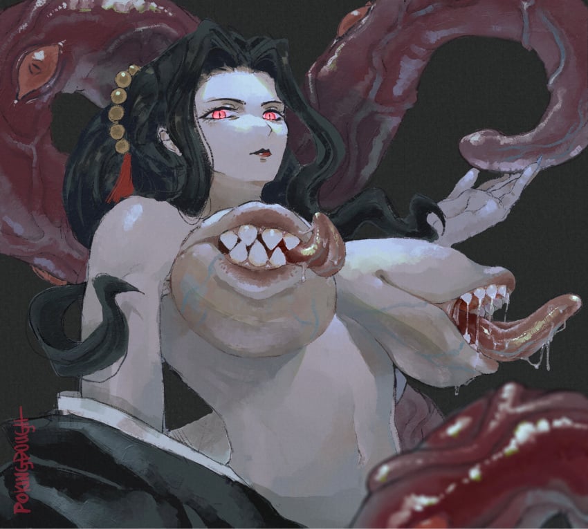 3_mouths big_breasts black_hair body_horror canon_genderswap demon_girl demon_slayer female female_only genderswap_(mtf) huge_breasts kimetsu_no_yaiba lipples long_hair looking_at_viewer low-angle_view mouth_nipples multi_mouth muzan_kibutsuji nightmare_fuel nightmare_waifu nipple_mouth pale-skinned_female pale_skin pokingdough red_eyes rule_63 sharp_teeth slit_pupils solo tentacle upper_body veiny_breasts