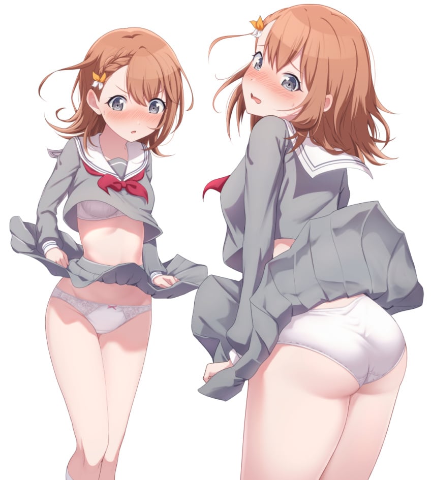 1girls ass blush bra breasts brown_hair clothing female grey_eyes grey_serafuku hanasato_minori highres kamuchin_soda legs_together matching_underwear medium_breasts miniskirt more_more_jump!_(project_sekai) open_mouth orange_hair panties pantyshot project_sekai school_uniform serafuku short_hair skirt skirt_tug solo standing thighs underwear white_background white_bra white_panties wide_eyed wind wind_lift