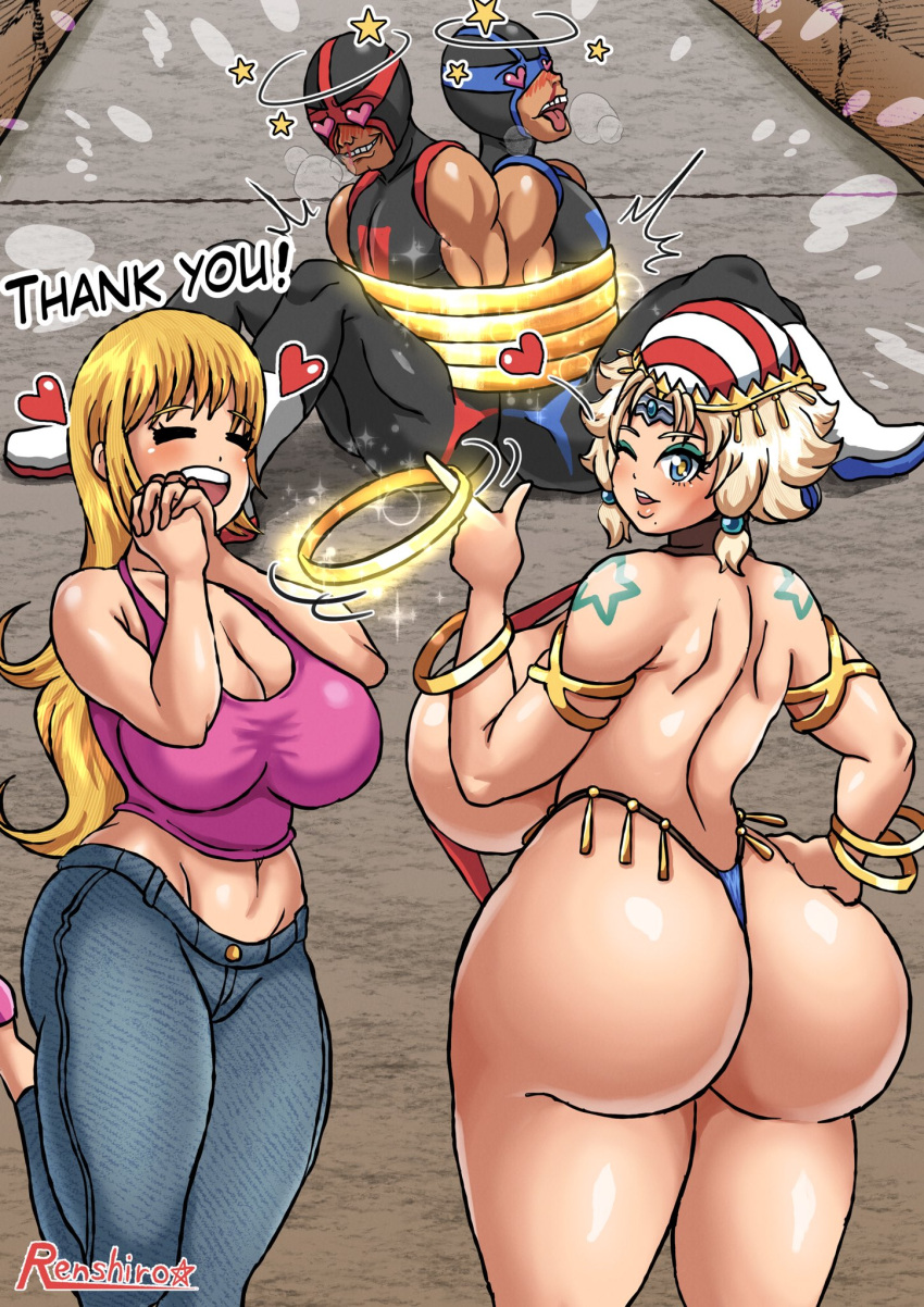 2boys 2girls alternate_version_available artist_name artist_signature ass back_view beauty_mark big_ass big_breasts big_butt blonde_hair bracelet bracelets breasts bubble_ass bubble_butt busty cleavage curvaceous curvy detailed_background dialogue english_text eyeshadow fat_ass hand_on_hip hat headwear heart hetero hi_res high_resolution highres huge_breasts large_ass large_breasts light-skinned_female light_skin long_hair makeup medium_hair miss_bomber!! miss_bomber_(character) mole mole_under_mouth muscular_male oc one_eye_closed original original_character outdoors outside r0771 renshirou renzaburo0771 sideboob smile smiling superhero superheroine tagme text thick_ass thong voluptuous voluptuous_female wink winking