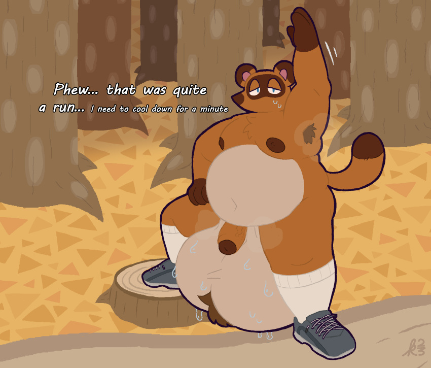 2023 absurd_res animal_crossing anthro ass balls belly big_balls big_belly bigtimekudo bodily_fluids brown_body brown_fur canid canine clothing colored digital_media_(artwork) footwear fur genitals hi_res huge_balls humanoid_genitalia humanoid_penis hyper hyper_balls hyper_genitalia looking_at_viewer male male_only mammal musk musk_clouds navel nintendo nipples nude obese overweight overweight_anthro overweight_male penis raccoon_dog shoes signature socks solo sweat sweaty_balls sweaty_genitalia tail tanuki text tom_nook