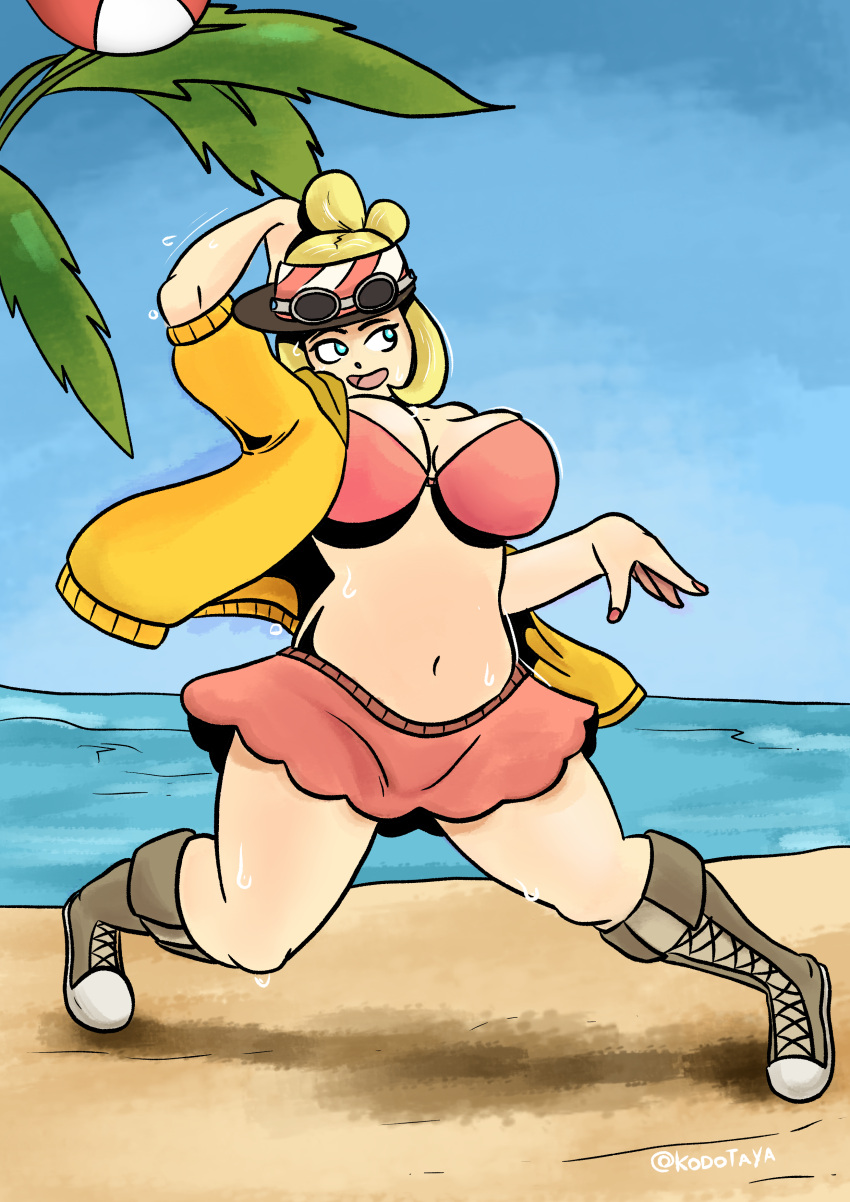 beach beach_ball blonde_hair breasts chubby cleavage coraline_(mii_plaza) curvy exposed_belly female female_focus female_only kodota midriff mii nintendo playing smile streetpass_mii_plaza sweat thick_thighs thighs