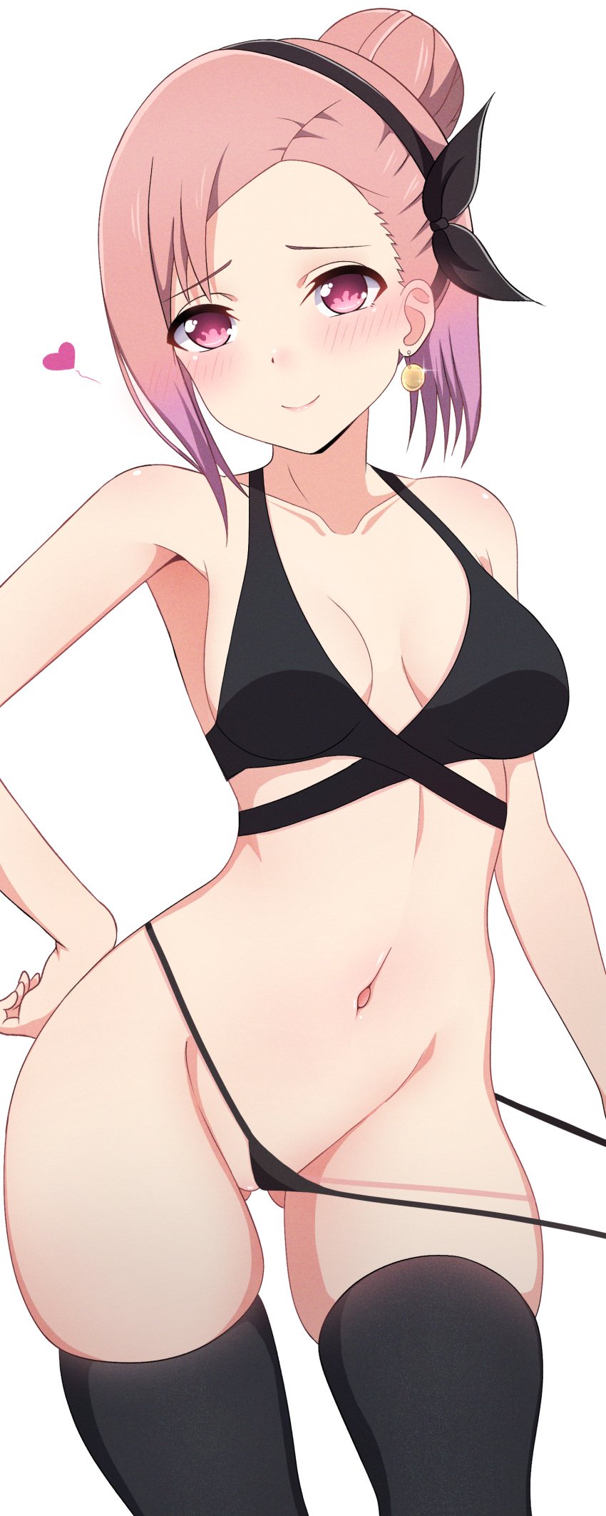 1girls bikini black_panties blush breasts earrings female female_only hair_bun human kaguya-sama_wa_kokurasetai_~tensai-tachi_no_renai_zunousen~ koyasu_tsubame pink_hair purple_eyes ribbon roswell-ss short_hair smile socks solo tied_hair tight_clothing