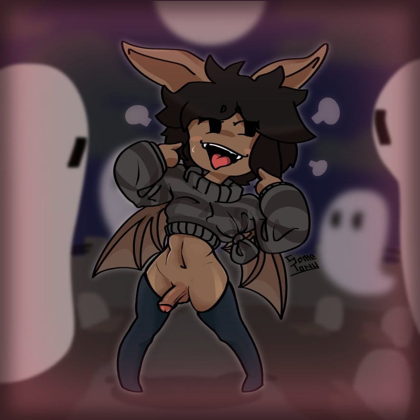 1boy aged_up bat bat_boy bat_boy_(tower_heroes) bat_wings bottomless brown_skin femboy ghost graveyard high_thighs midriff no_pants no_underwear nsfwtonys penis roblox roblox_game slutty_outfit small_penis tagme thighhighs tongue_out tower_heroes