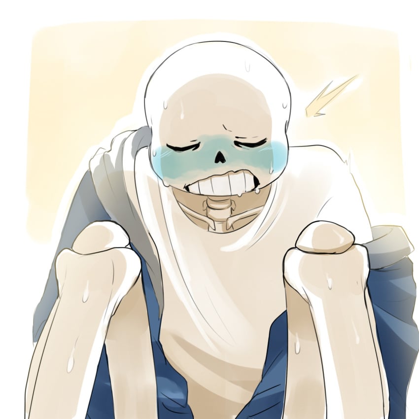 1:1 1:1_aspect_ratio animated_skeleton blue_blush blush cheztnuts closed_eyes hooded_jacket hoodie implied_masturbation jacket monster off_shoulder sans sans_(undertale) simple_background skeleton solo undead undertale undertale_(series)