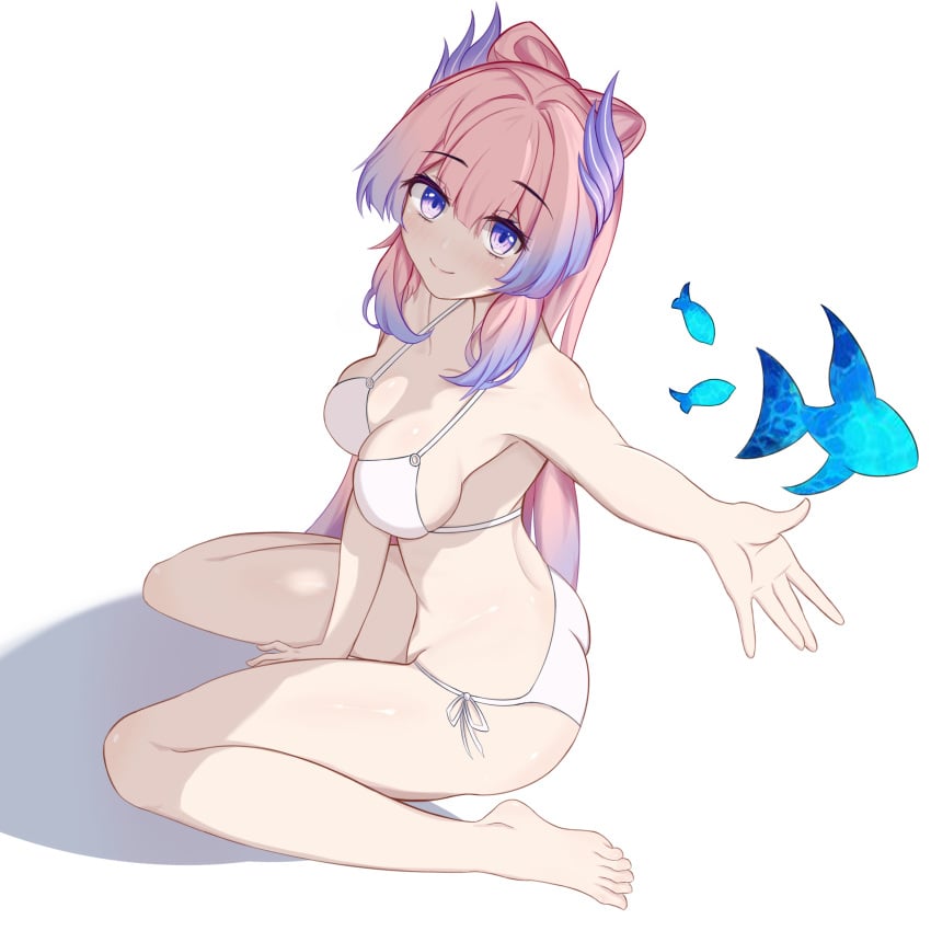 1girls absurdres ass bare_legs barefoot between_legs bikini blue_eyes blue_hair blush bow-shaped_hair breasts cleavage closed_mouth eyelashes female fish from_above full_body genshin_impact hair_between_eyes hair_ornament hand_between_legs highres long_hair looking_at_viewer medium_breasts multicolored_hair outstretched_arm outstretched_hand pink_hair qingshuisi_yu_ji sangonomiya_kokomi shadow side-tie_bikini_bottom simple_background sitting smile solo string_bikini swimsuit thighs two-tone_hair white_background white_bikini